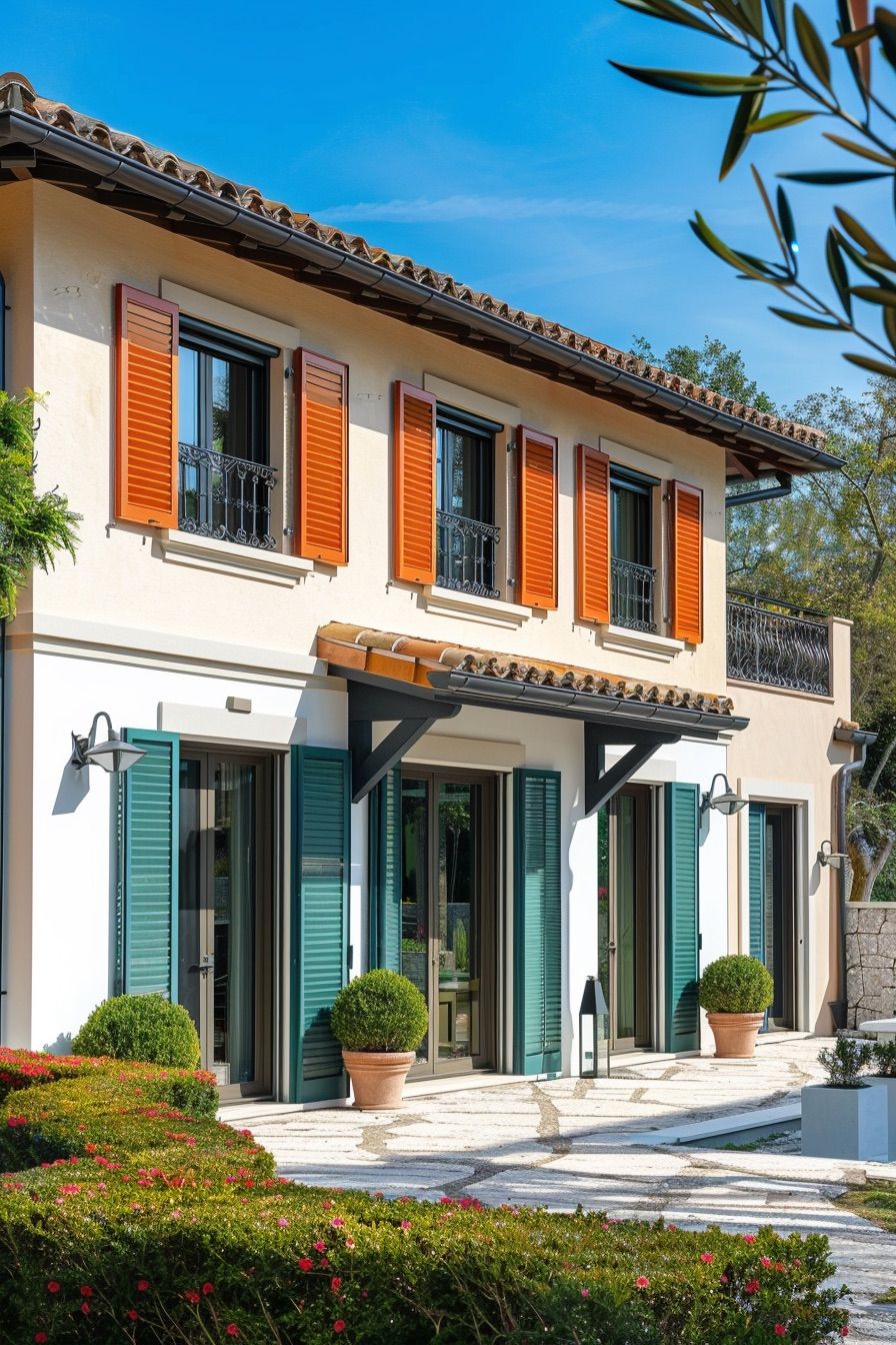 modern mediterranean house with two color shutters