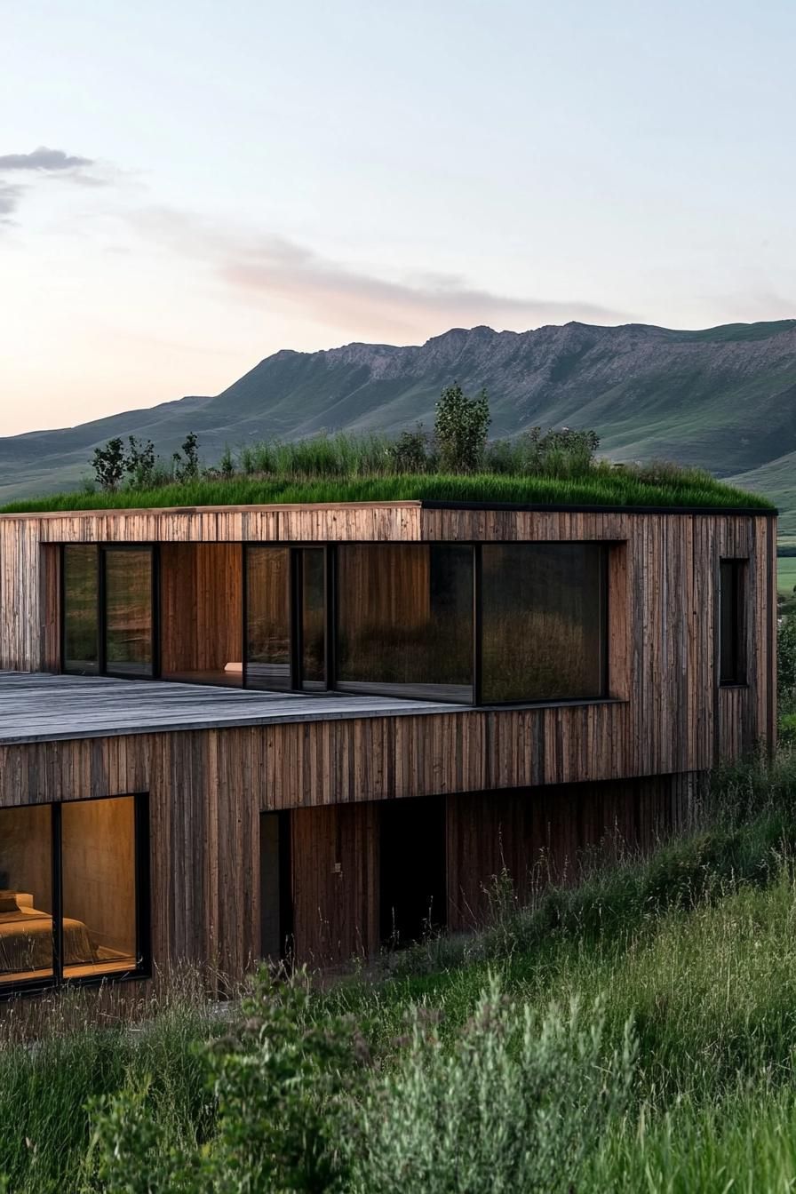 modern wood house facade with reclaimed wood siding and eco friendly green roof magnificent green grass mountain in the background 3