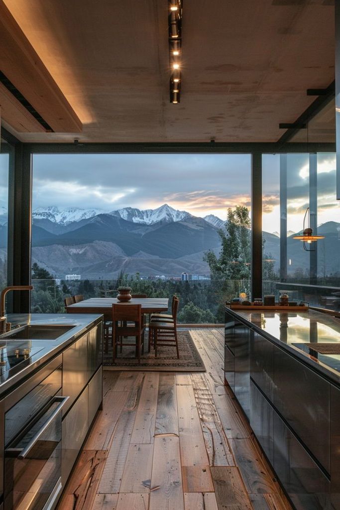 kitchen full wall window mountains