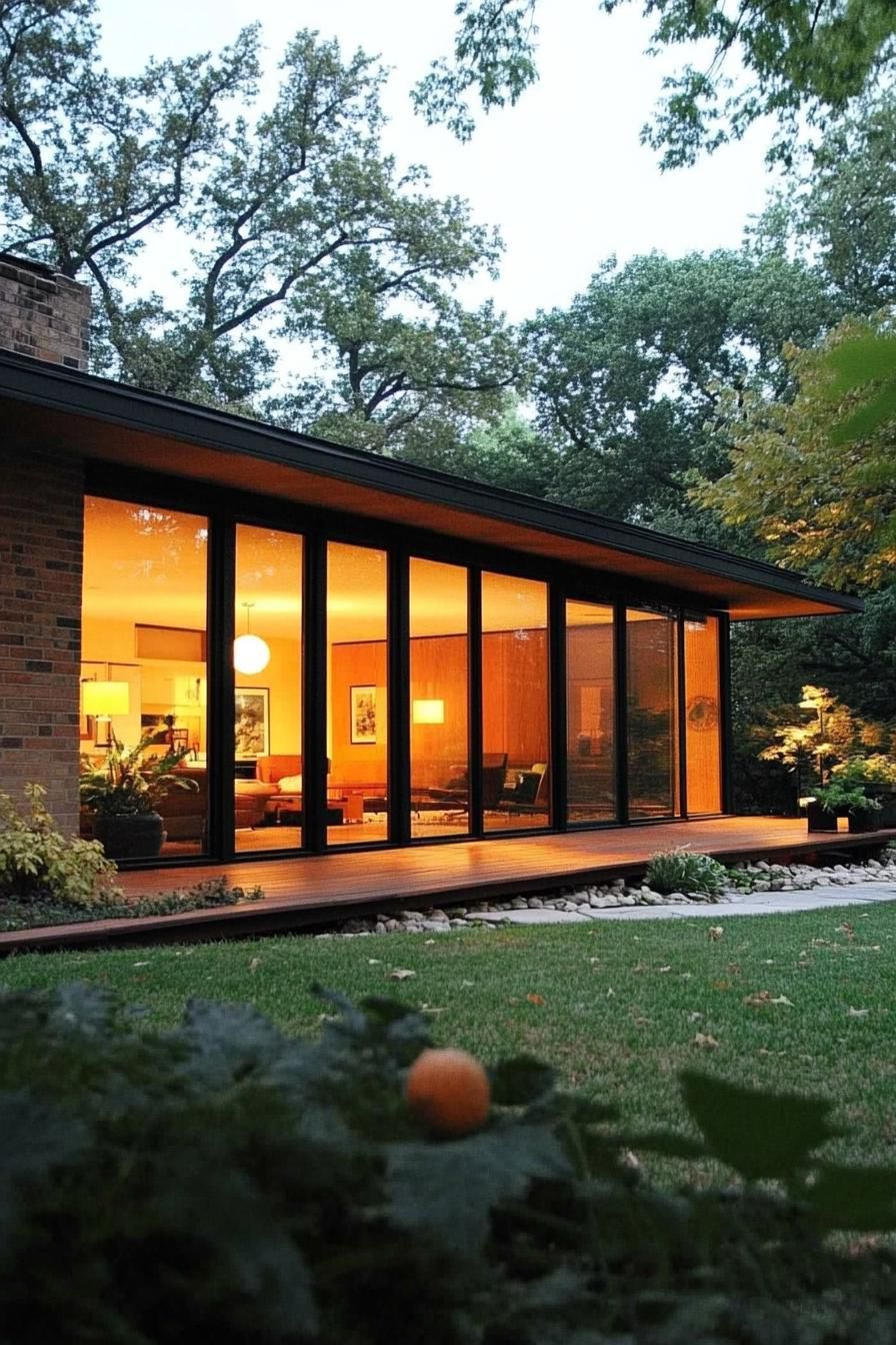 mid century modern 1950s style house with large glass windows 3