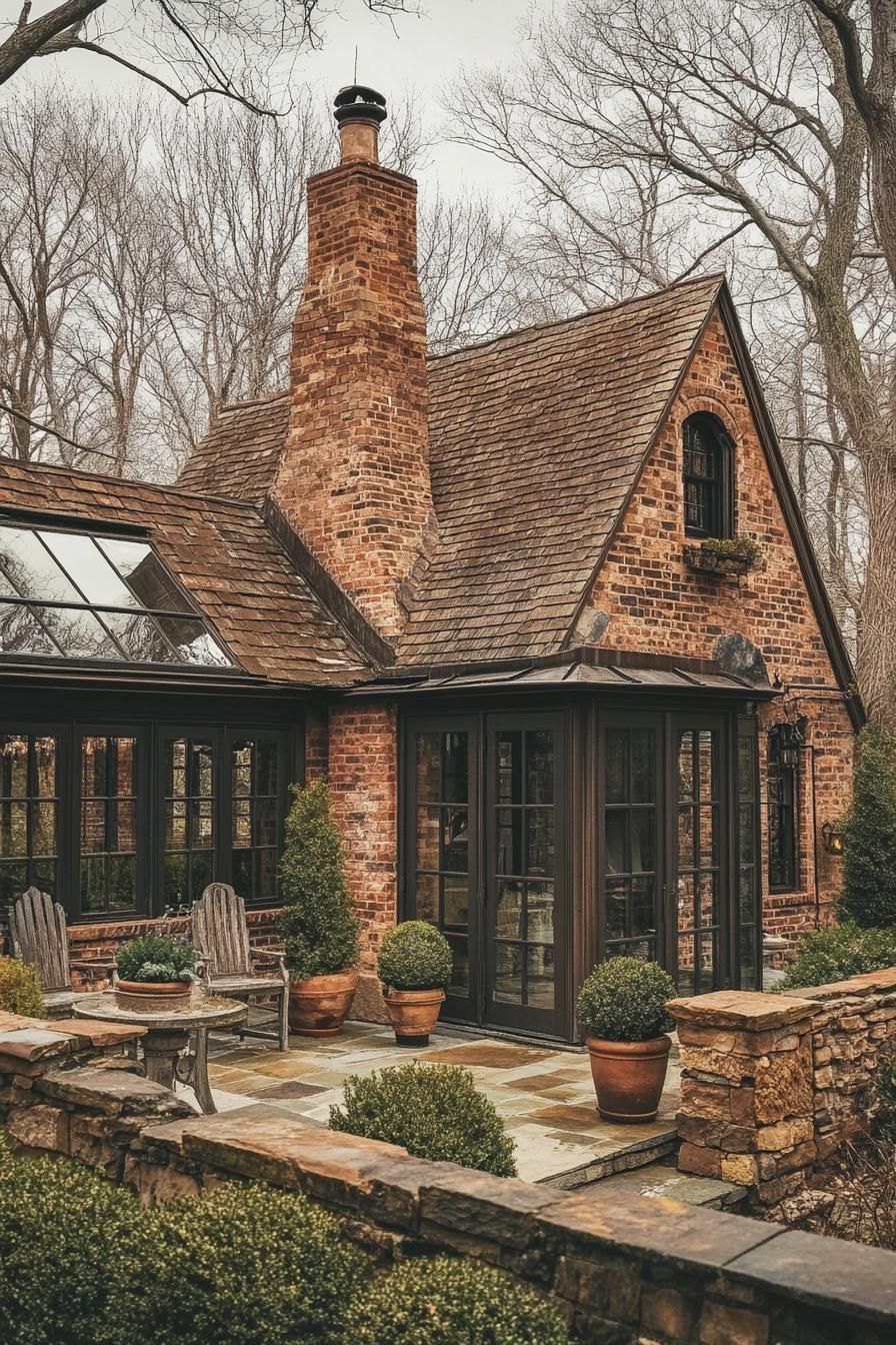 English cottage house brick facade in earthy tones with a chimney large glass enclosed porch with seating hardscape with stone fences shrubs and potted small trees