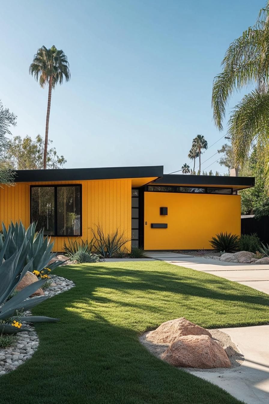 mid century modern house facade in mustard yellow color with charred accents 2