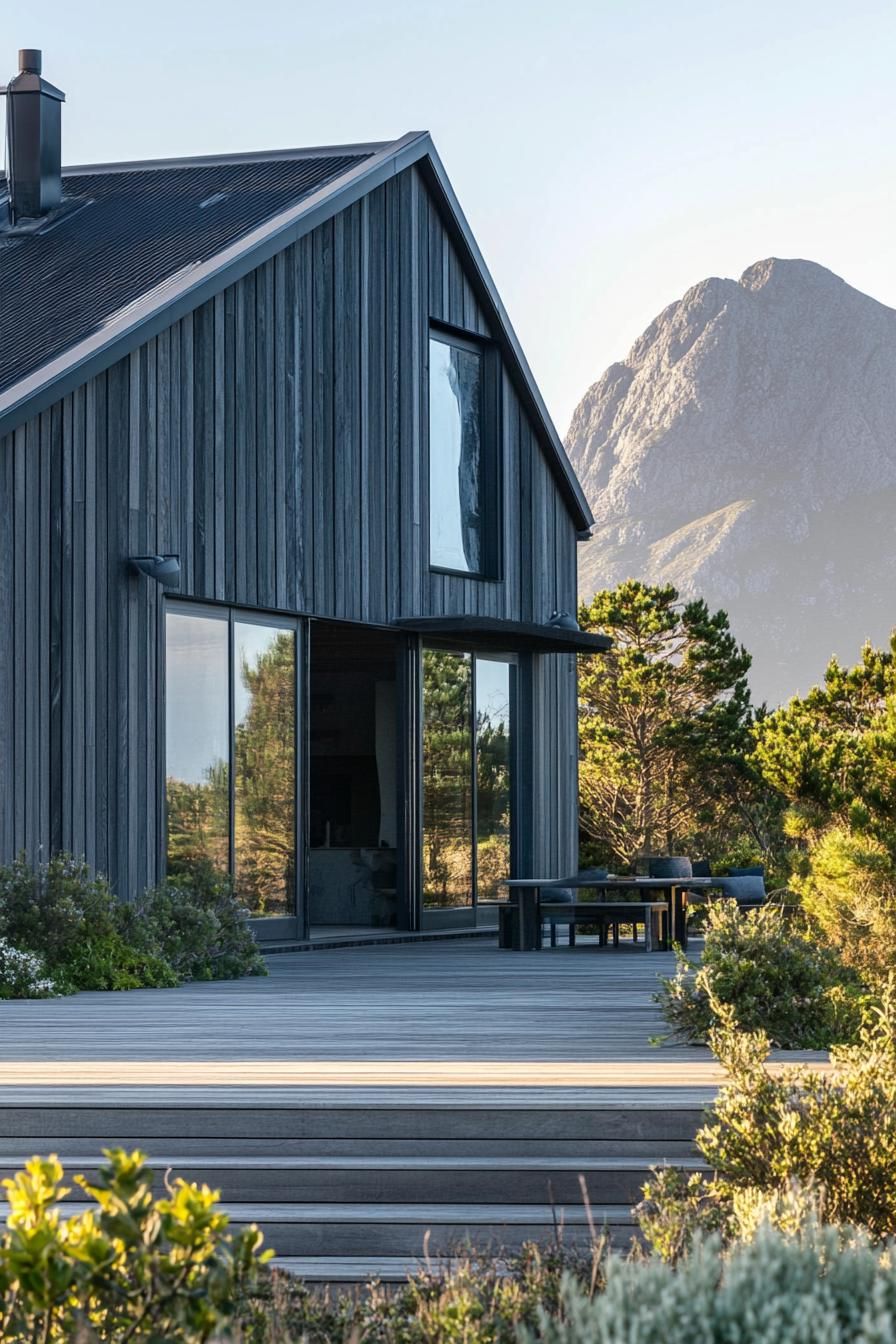 Burnt Wood Facade With Dark Grey Metal Trusses