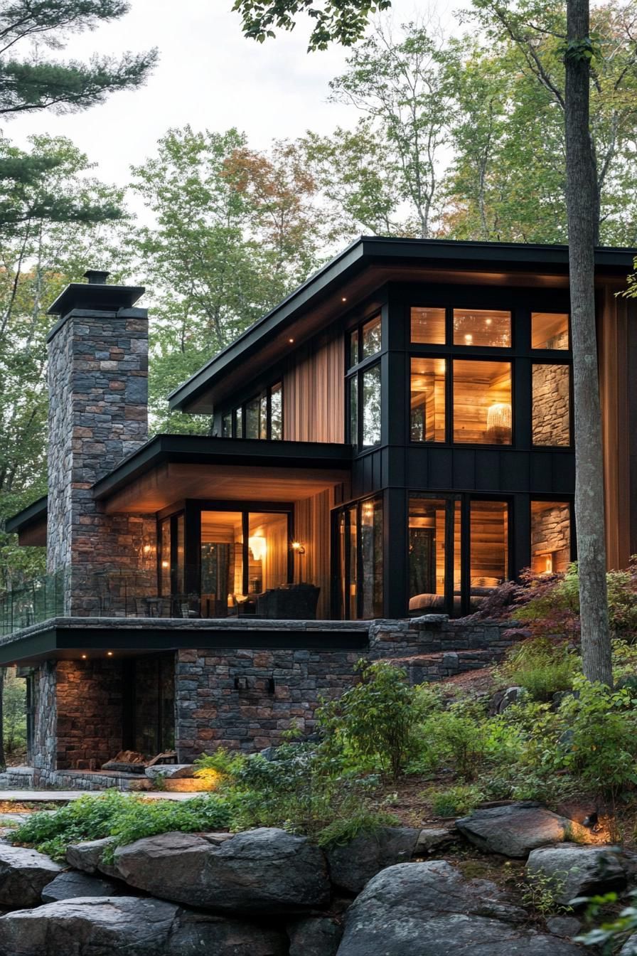modern lakeside hill house with rustic wood siding and stone foundation overlooking a forest lake
