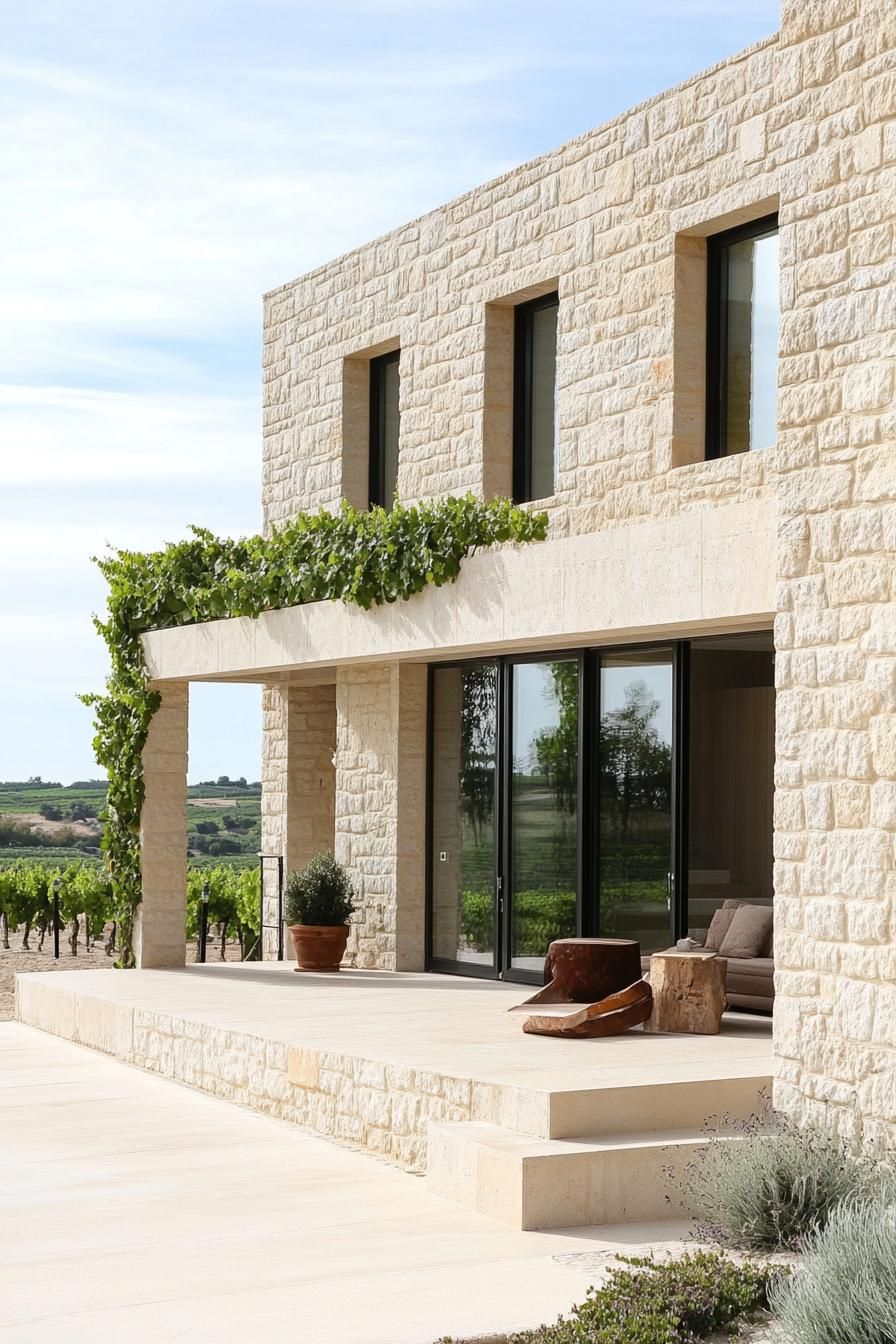 modern French mediterranean house with stone facade beautiful vineyard landscape