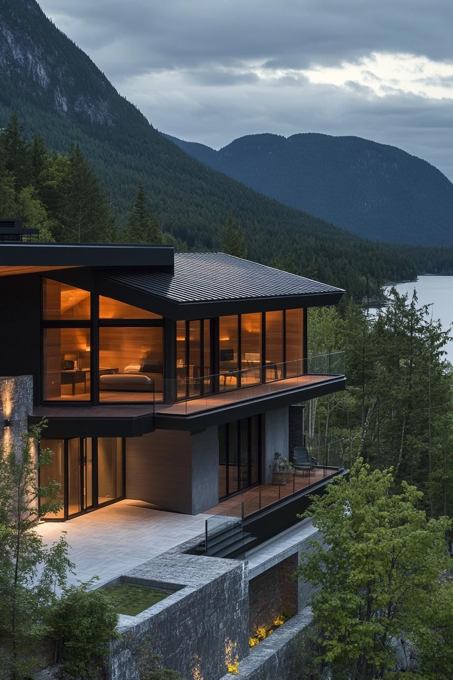 modern house on a slope with suspended walkways and lake mountain views 2