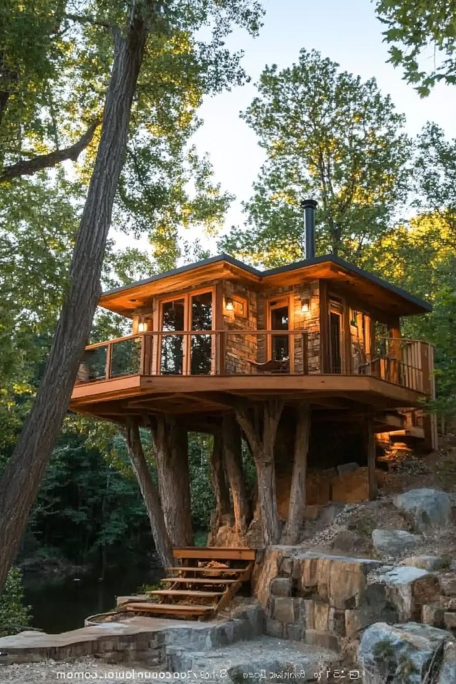 Treehouse-inspired Elevated Dwelling With Rope Bridge