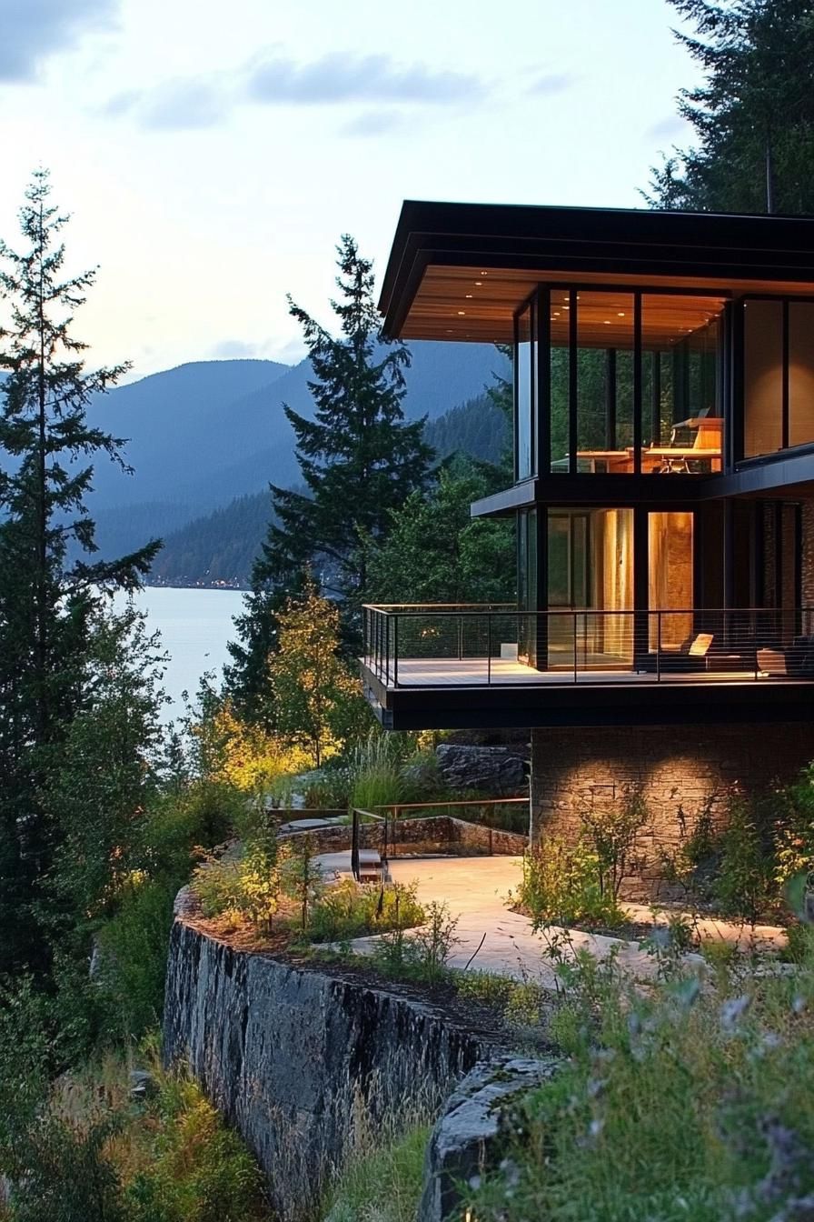 modern house on a slope with suspended walkways and lake mountain views