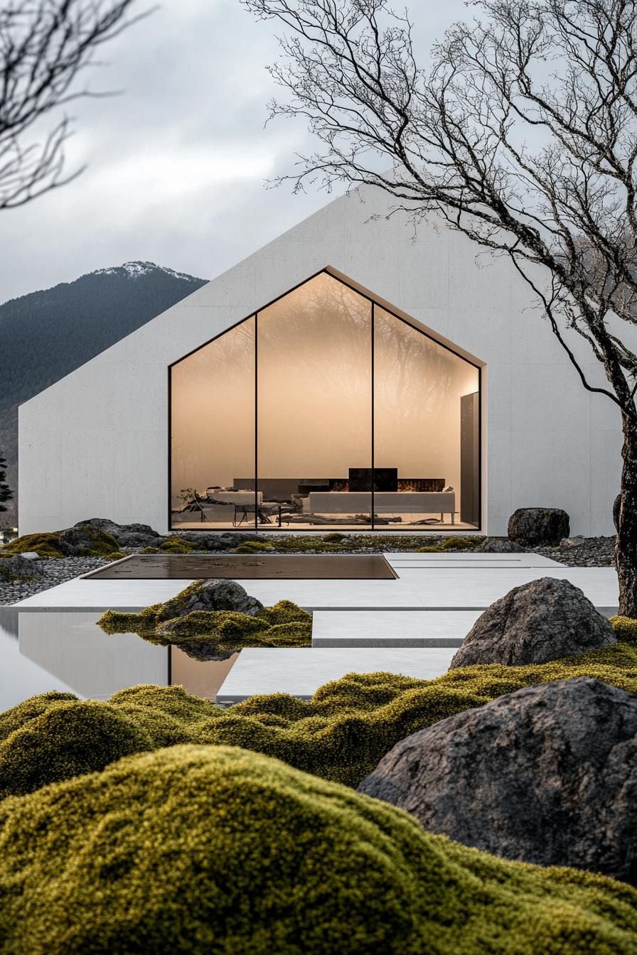 modern minimalist symmetrical white concrete house facade with glass walls front yard with mossy rocks Japanese mountains in the background 2