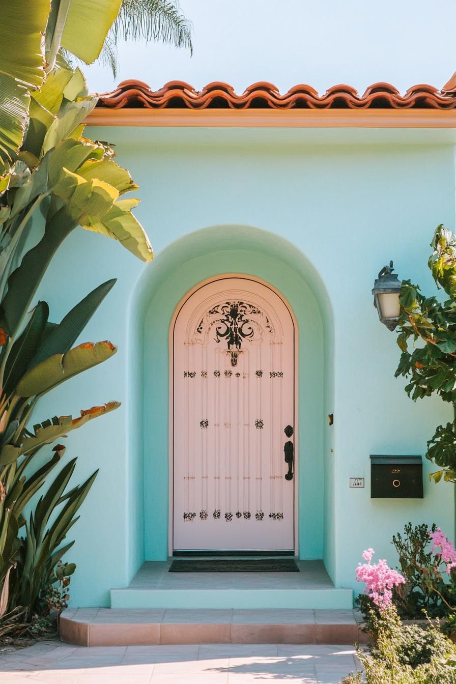 mid century modern and antique style house pastel color facade with antique embellished front door