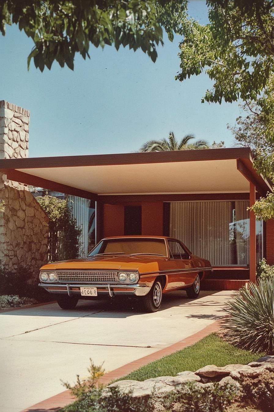 70s midcentury house facade with carport with flat canopy