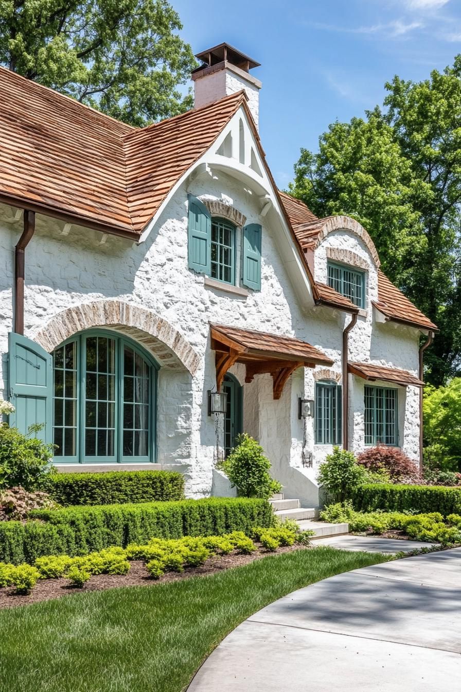 craftsman house with white painted stone siding cedar shingle roof teal windows with shutters walls lined with shrubs lawn and concrete pathway 1