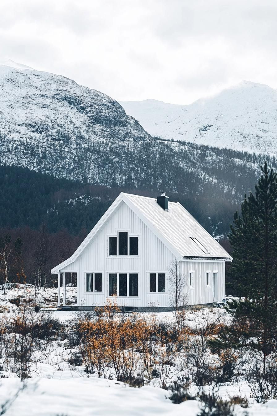 all white a frame mountain house with white siding and white roof Scandinavian mountains in the background 2