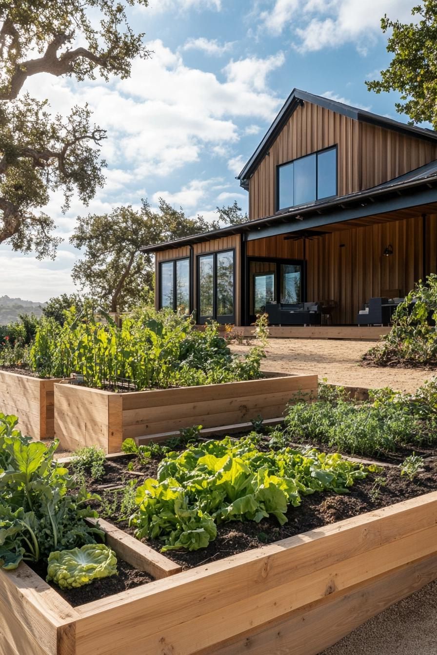 modern farmhouse with large veggie gardens and composting bins 2