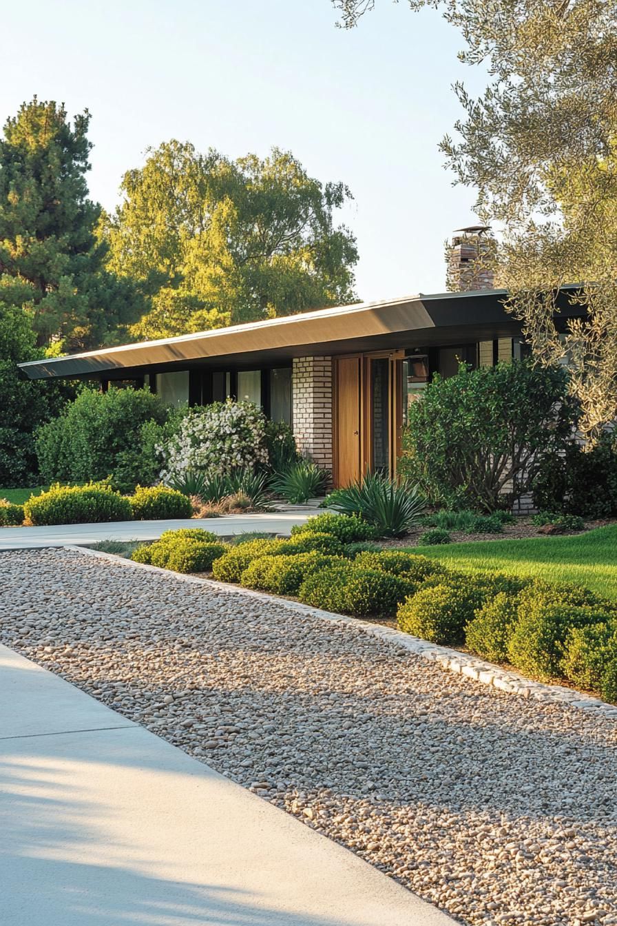 70s midcentury house facade front yard with pebble driveway lined with shrubs 3