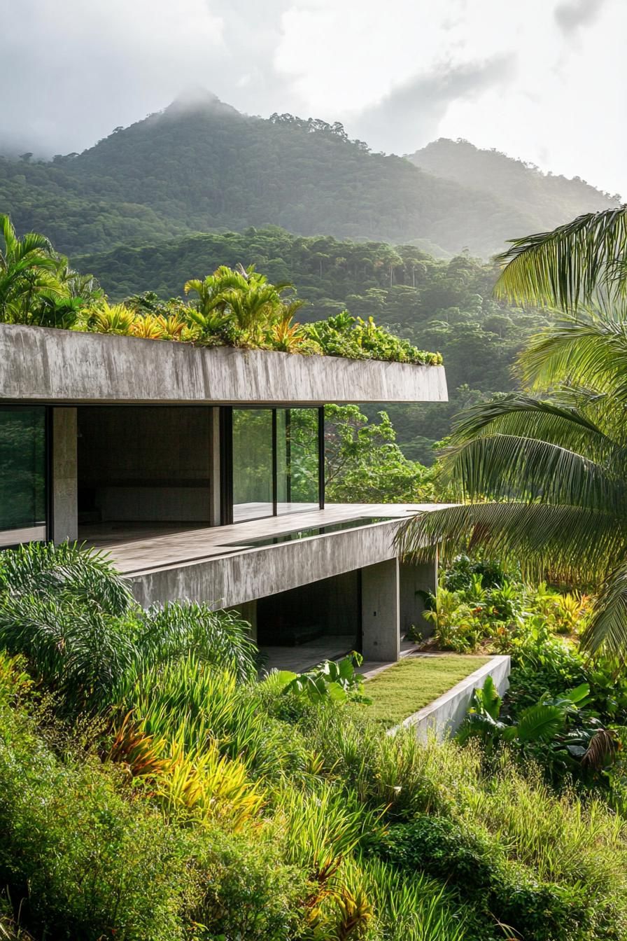 earth sheltered modern house built into hillside overlooking a tropical mountains 3