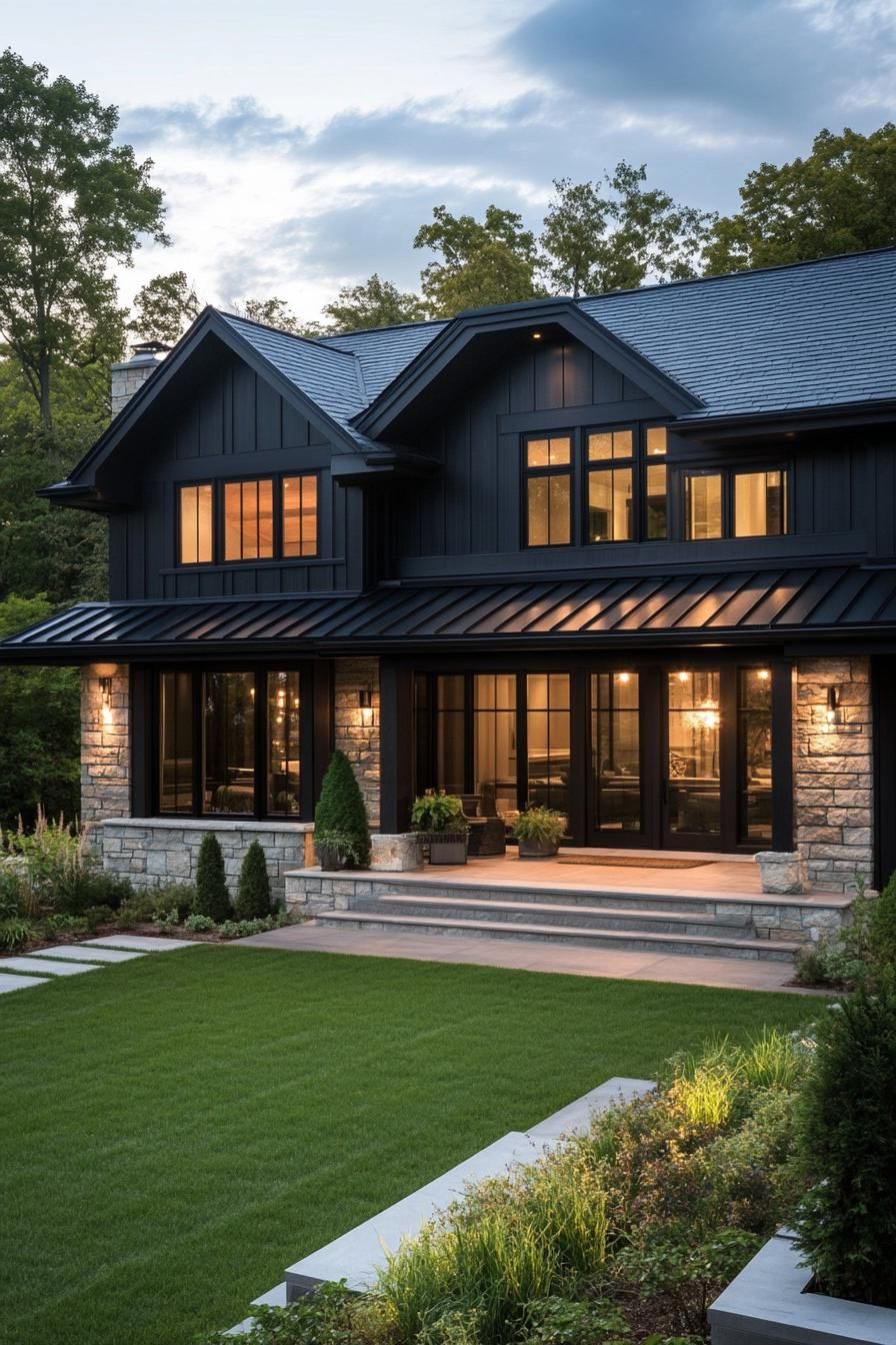 craftsman style house with dark siding black metal roof natural wood trim stone foundation large concrete patio lawn with concrete steps shrubs