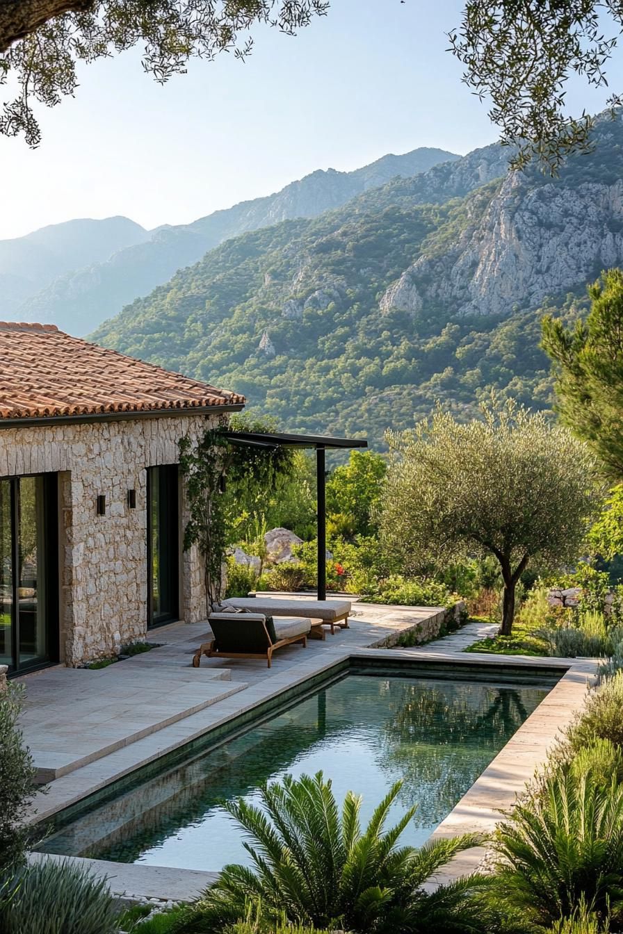 modern mediterranean cottage with olive grove garden mountain view