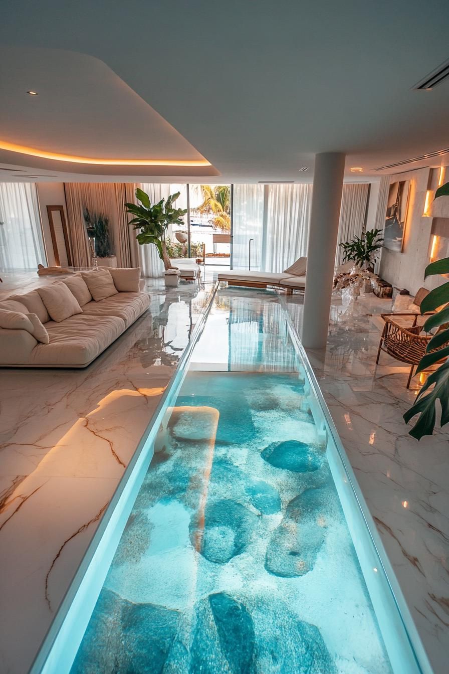 floating luxury villa interior with glass floors