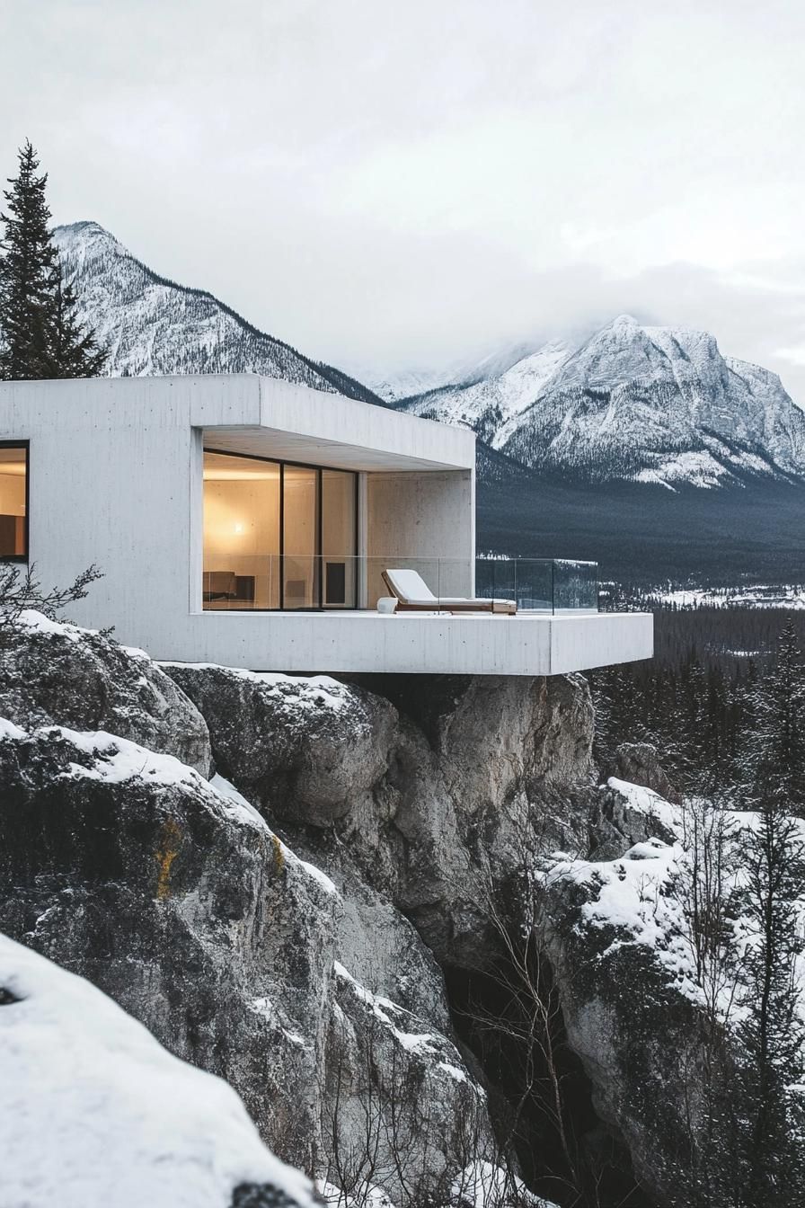 modern white conterete mountain house with panoramic windows Canadian mountains in the background 2