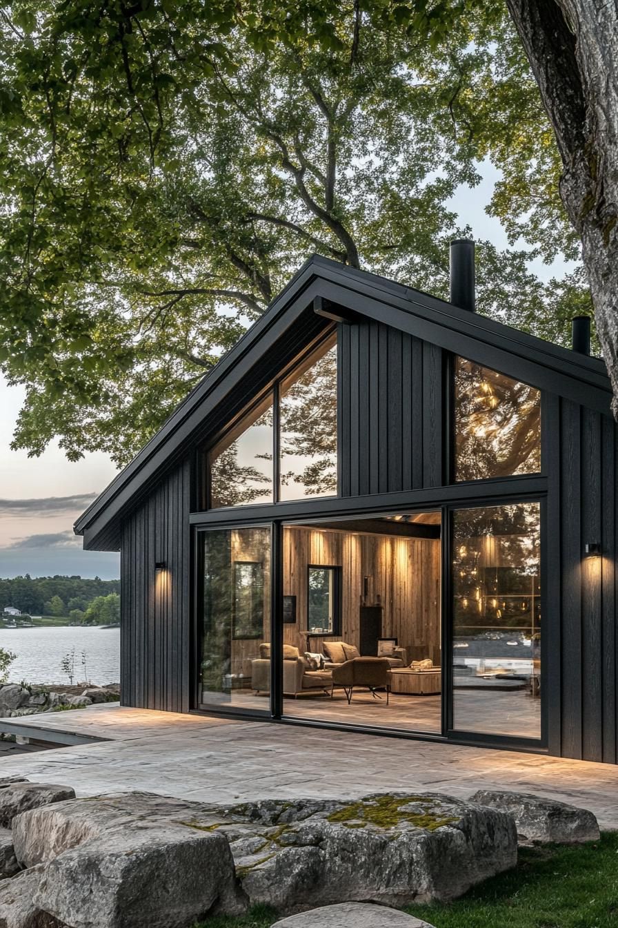 Black Timber Cladding With Large Glass Doors