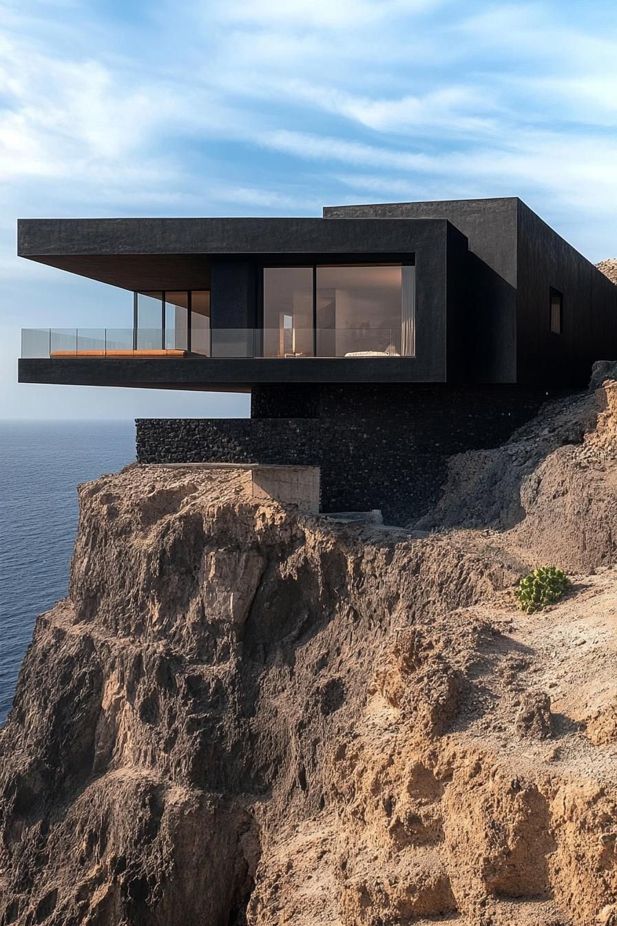 modern cantilevered matte black cliff house with stunning volcanic islad views 2