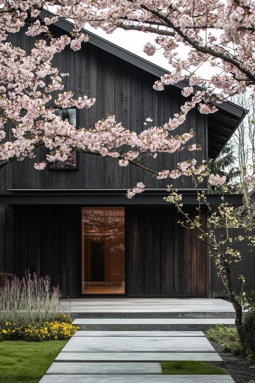 modern japanese style timber frame house facade with charred black wood Siding front yard with blossoming cherry trees