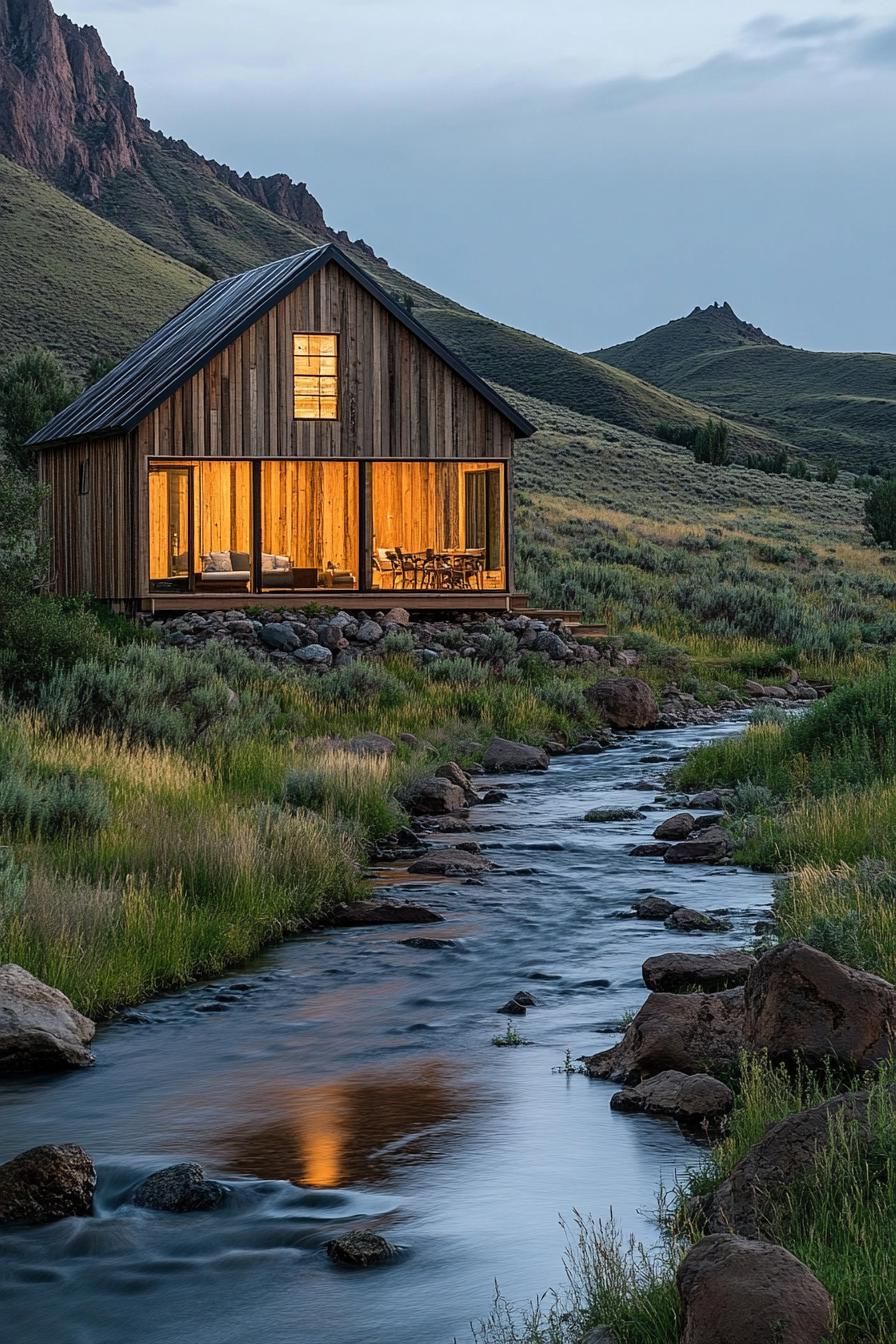 modern wooden barn style ranch house by a rocky river hills in the backdrop 2