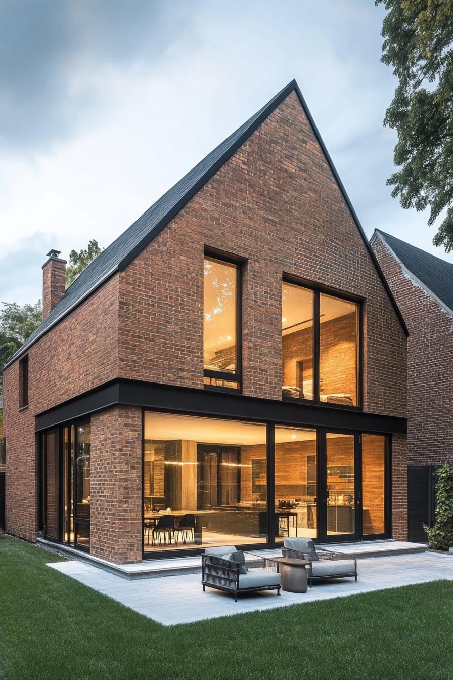 suburban brick house with multi pitch roof and large modern windows and patio 1