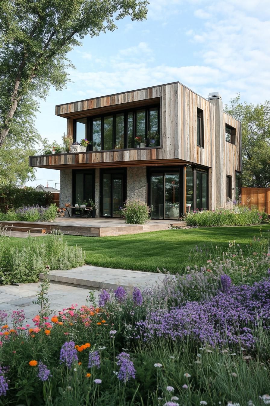 modern house with reclaimed wood cladding front yard with flower gardens 2