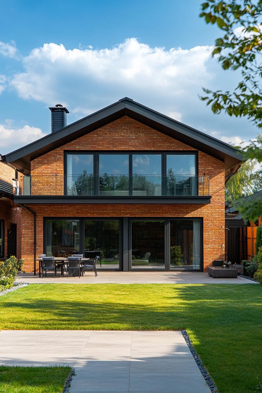 suburban red brick house with multi pitch roof and patio