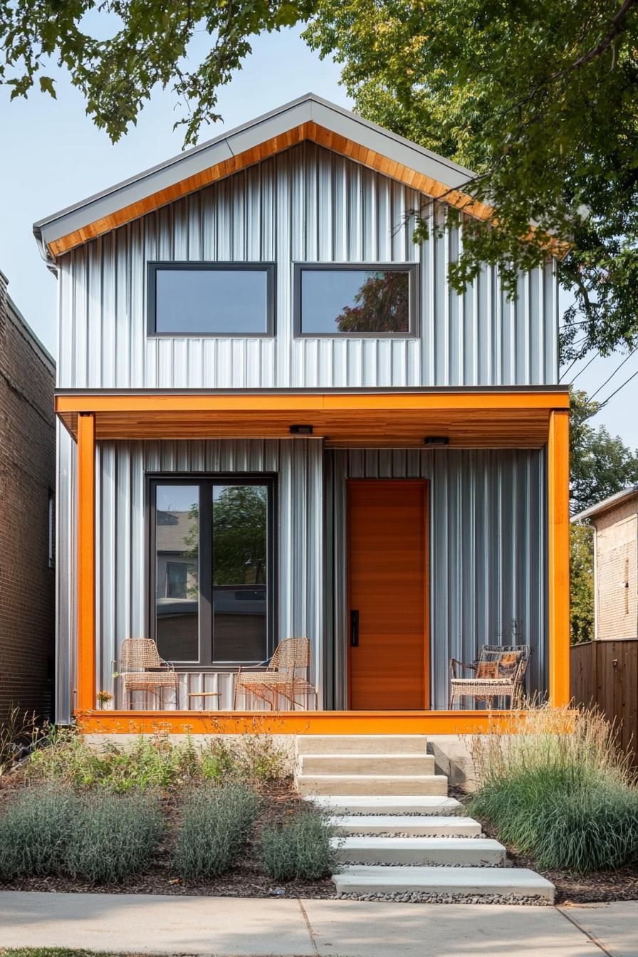 modern prefab small house facade with corrugated iron siding and exposed beam porch urban neighborhood 2