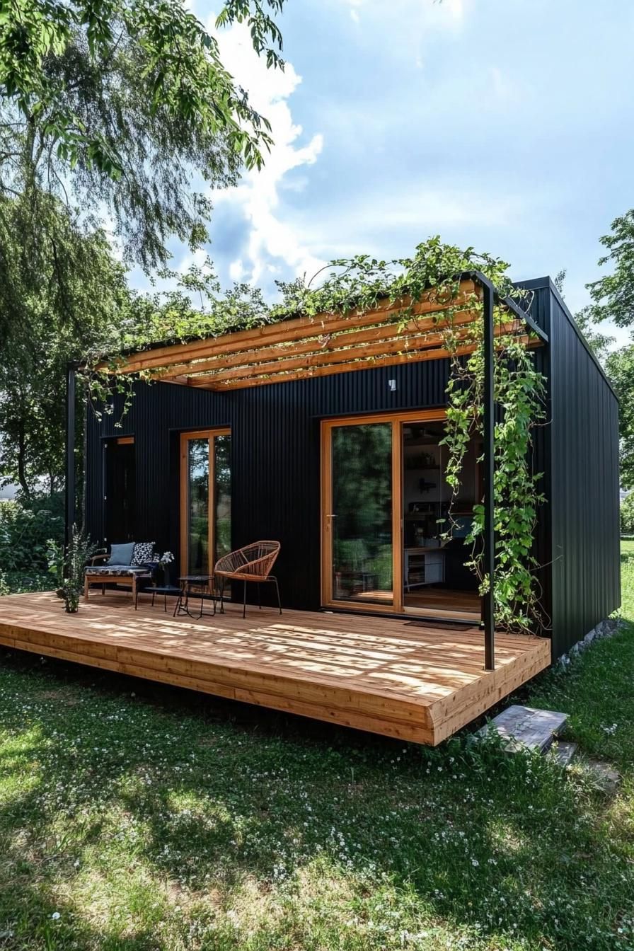 Minimalist Black Steel Exterior With Wooden Pergola