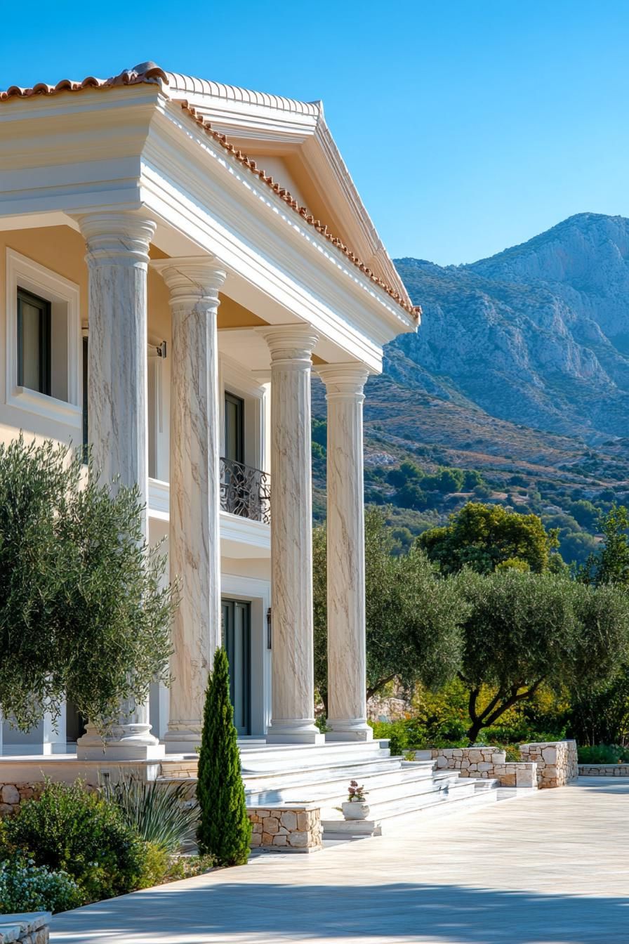 modern Greek mansion house facade with large marble columns mediterranean mountains in background olive tree in foreground 2