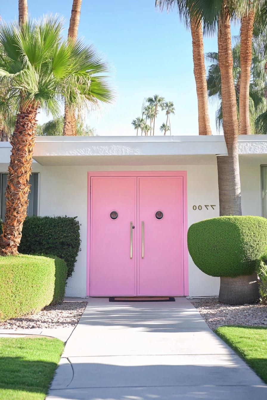 70s midcentury house facade front door in statement pink color front yard with tall palms 2