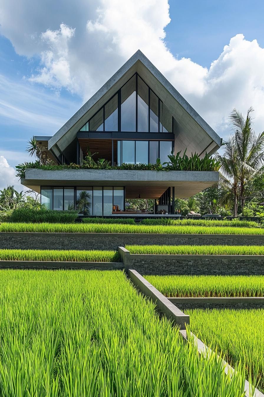 modern geometric villa house with multiple terraces in stunning Bali rice fields