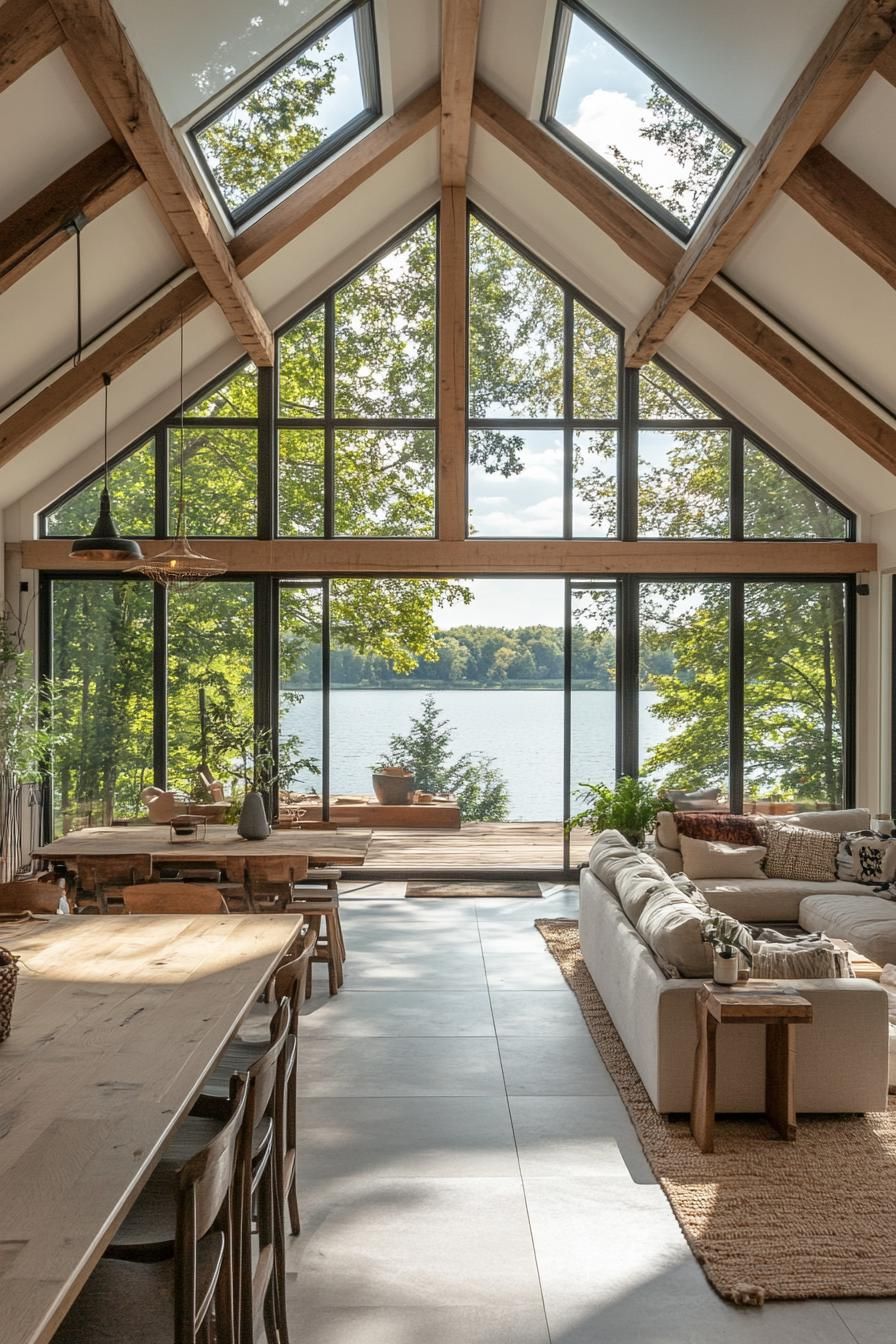 modern English cottage interior with pitched roof skylights large bay windows overlooking a lake 2