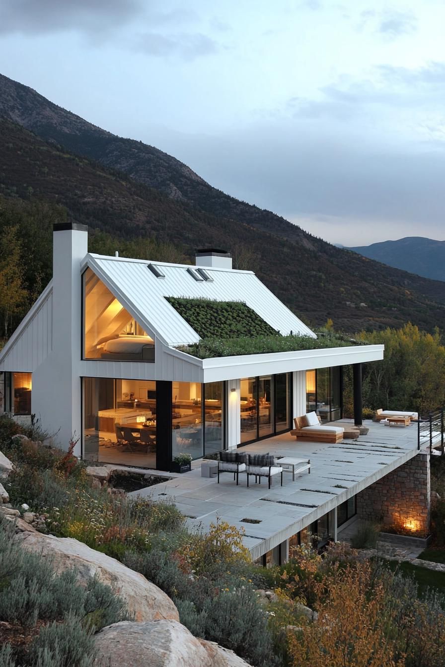modern mountain house with white corrugated metal cladding green living roof large stone paved patio stunning American mountains in the background 2