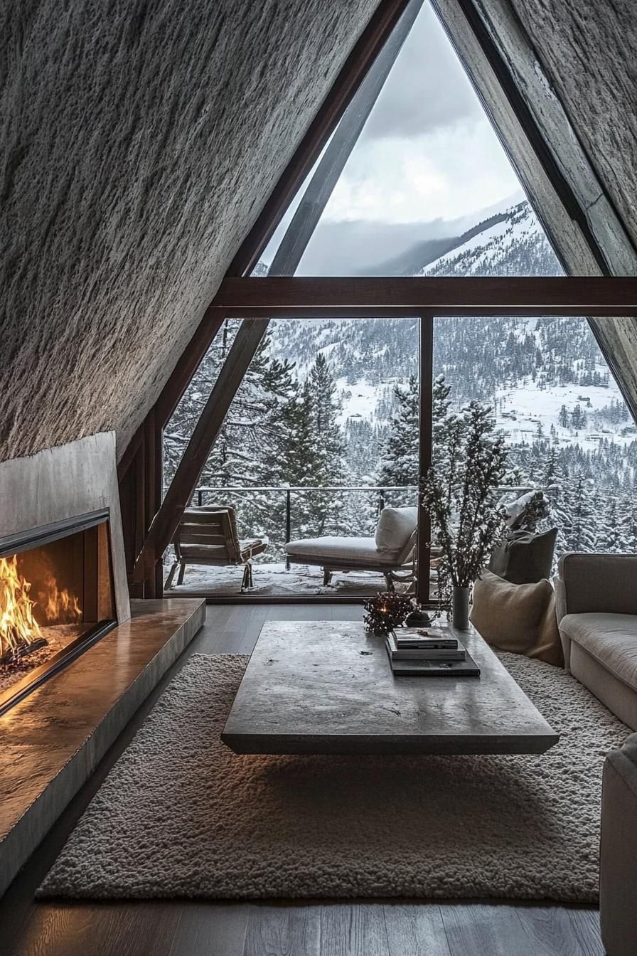 A frame modern mountain house with indoor and outdoor stone fireplace stunning snowy mountain views