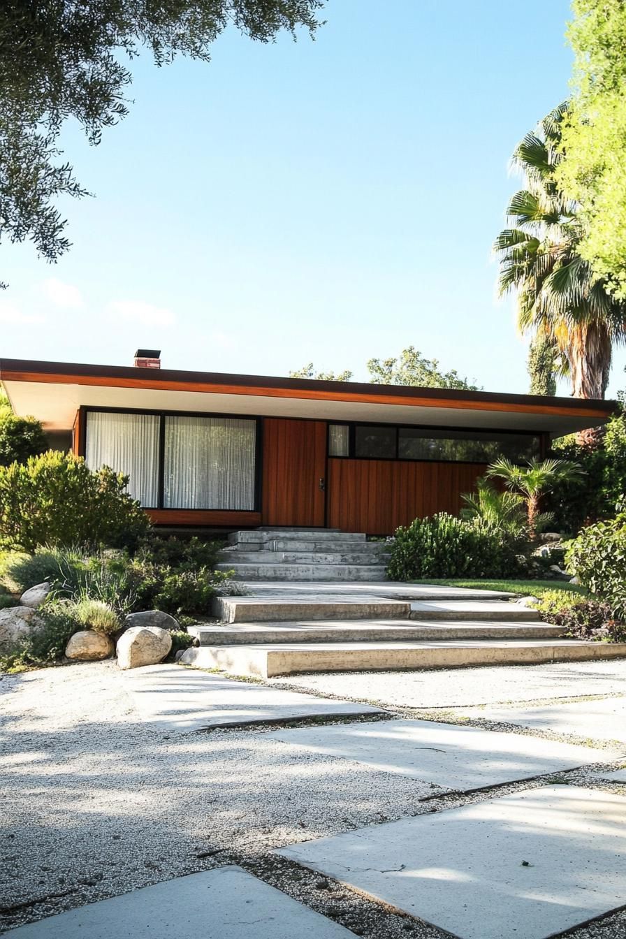 retro style mid century modern house facade with flat roof