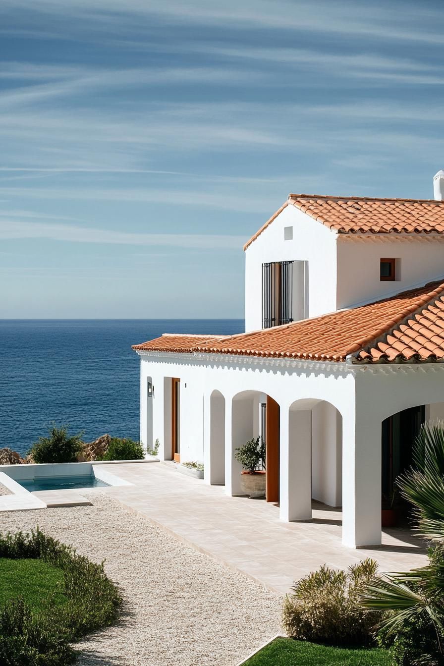 modern spanish villa with terracotta roof tiles on seashore