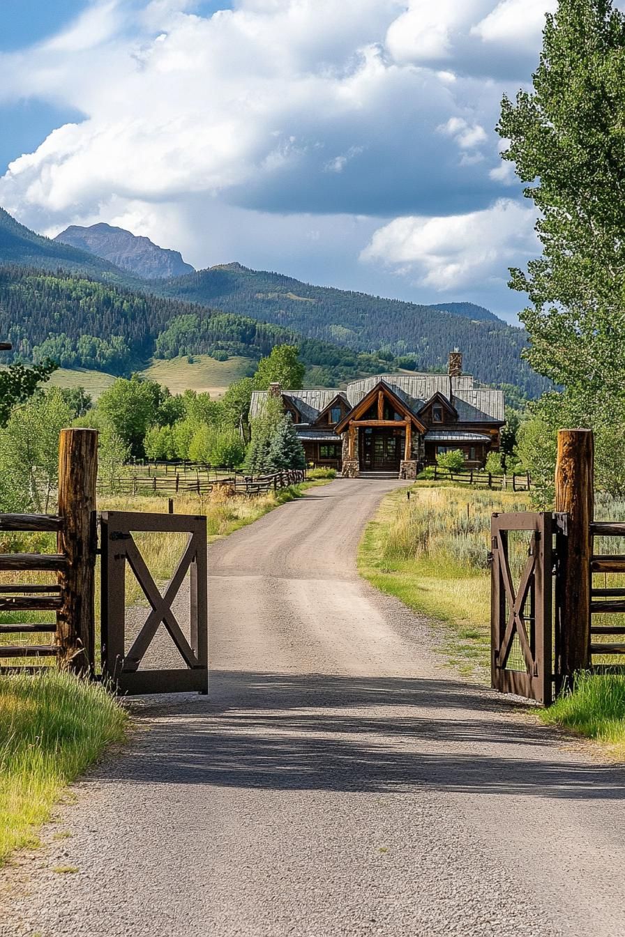 traditional ranch entrance direway mountain road large gate ranch house at the end of driveway 2
