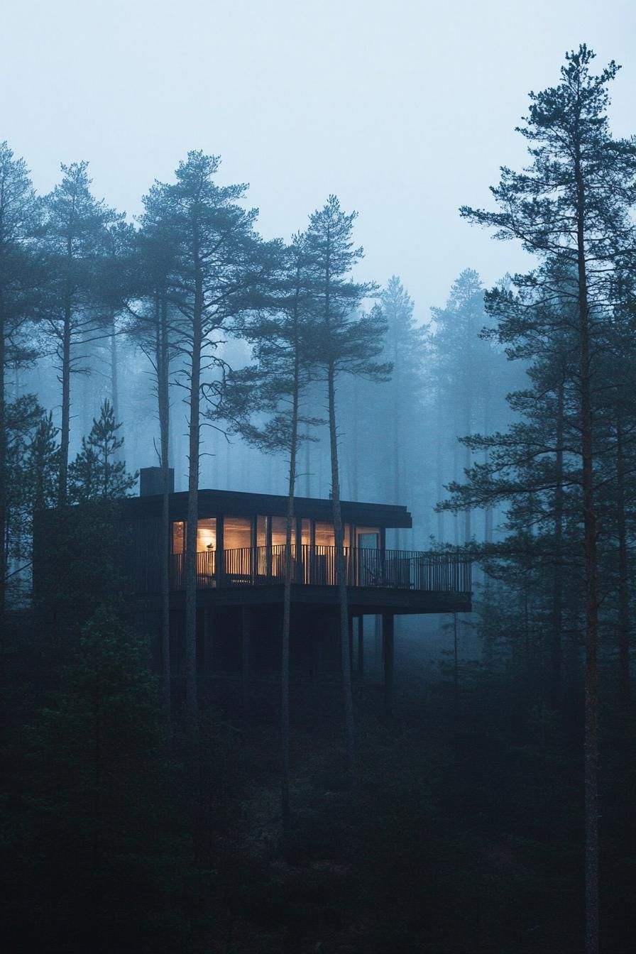 elevated luxury dream house surrounded by high pine trees in a misty Scandinavian forest 3