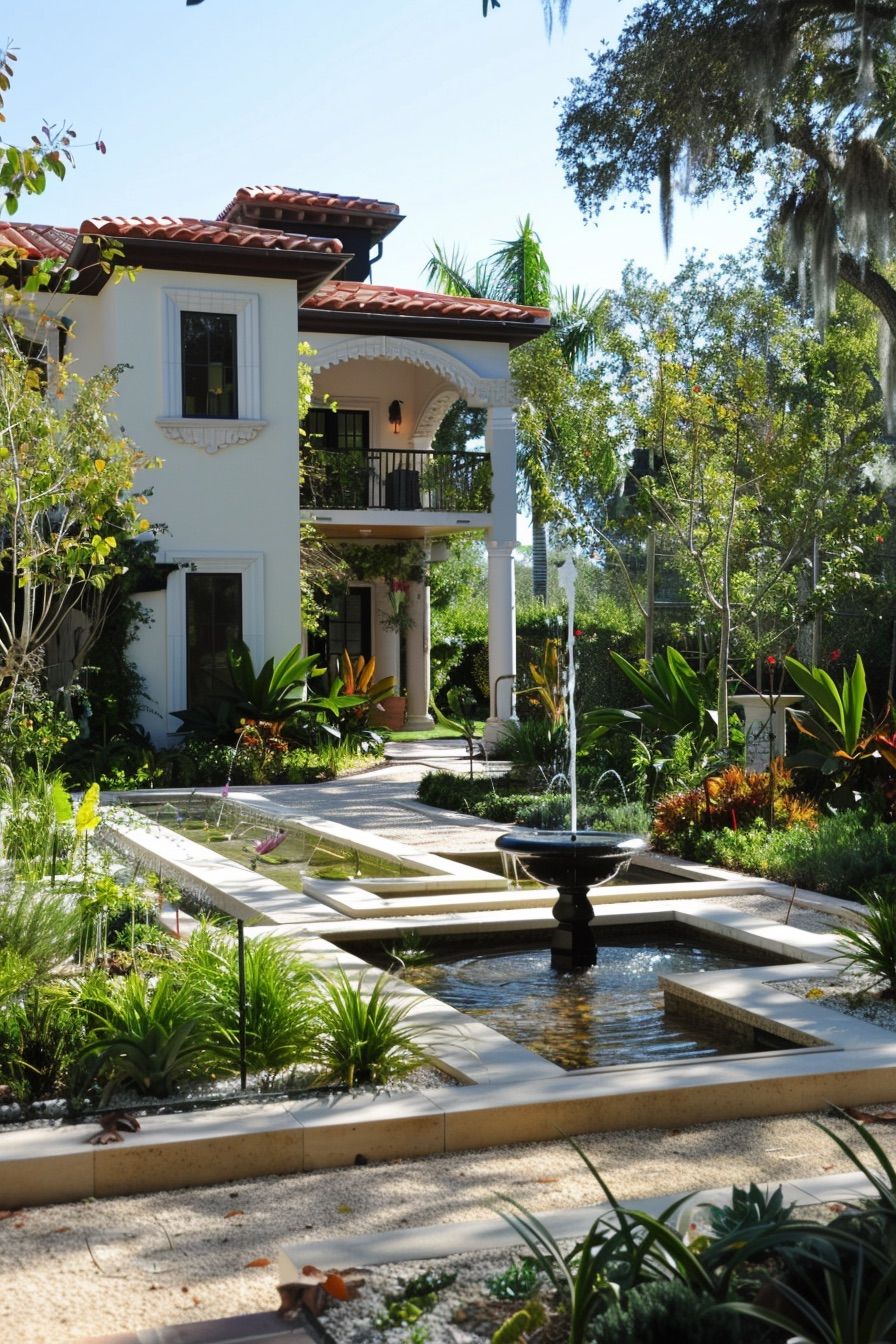 mediterranean house garden pond fountain