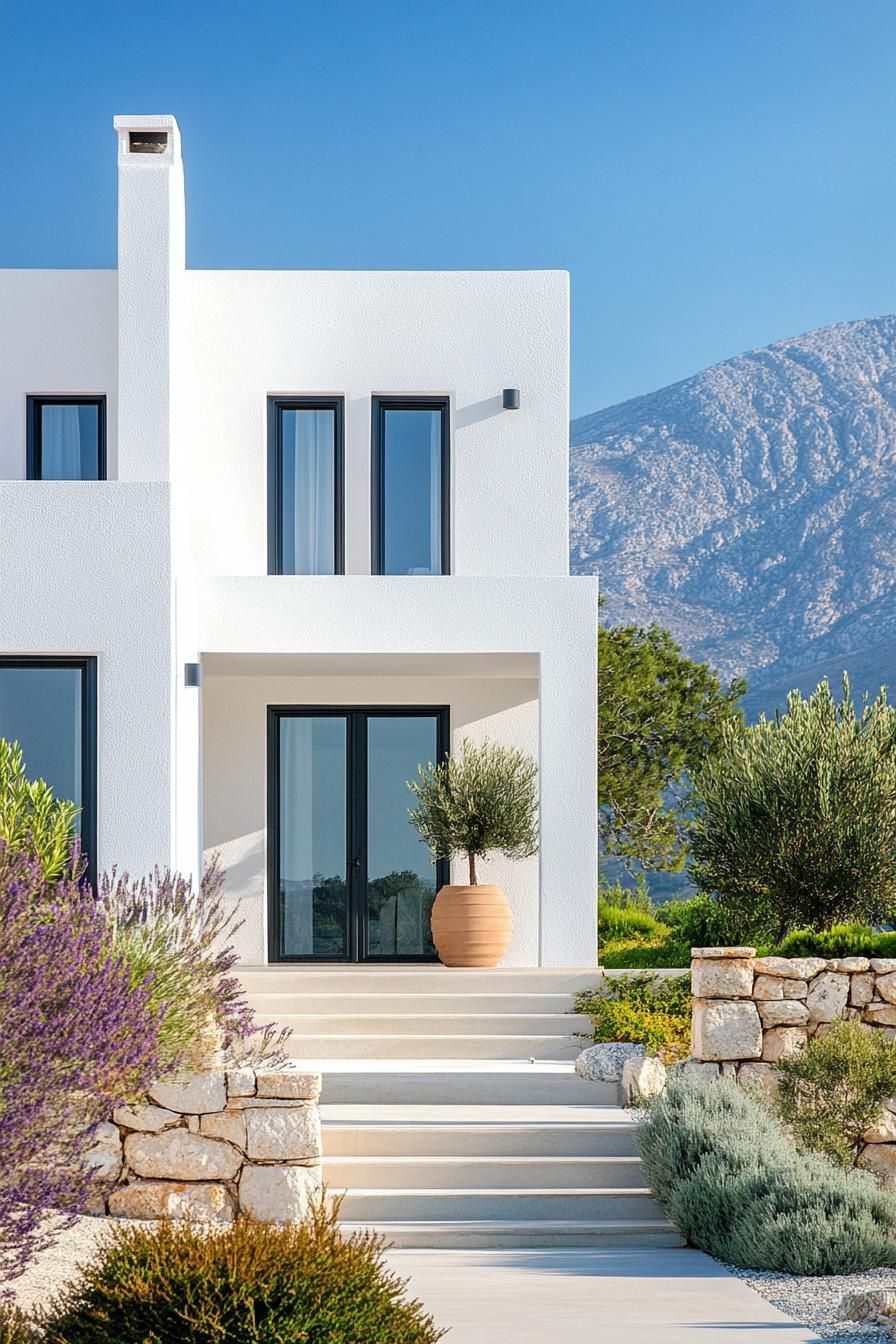 modern house facade combining modern and accents of cycladic architecture Greek mountains in the background 2