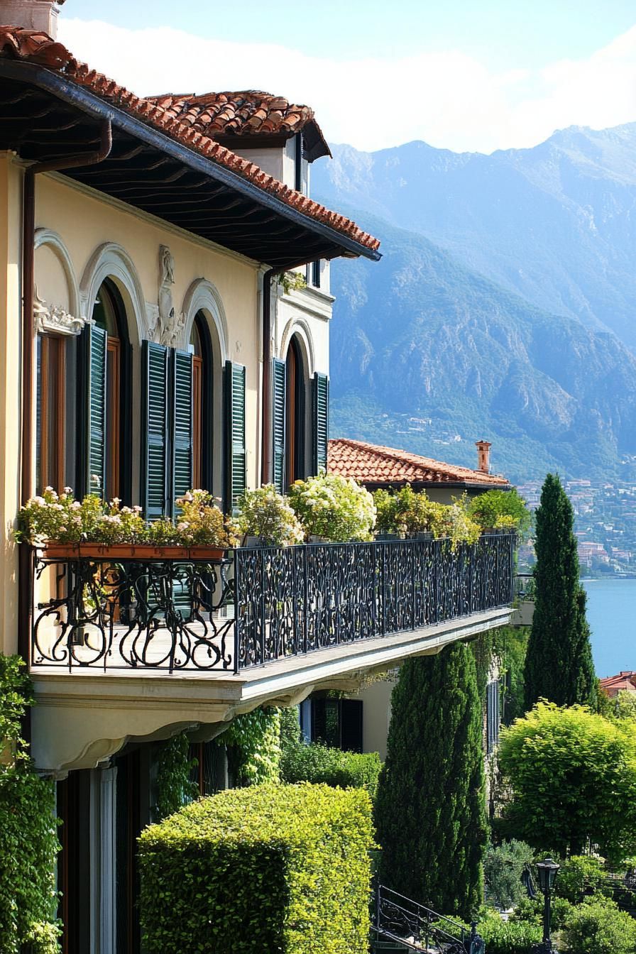 modern Italian mediterranean house facade with iron balconies Italian mountains in the background 3