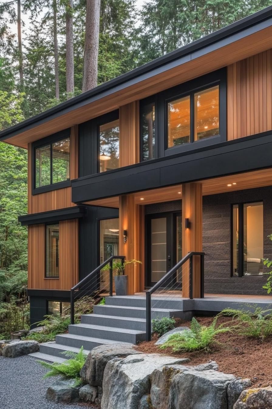 modern timber frame house facade with vertical cedar cladding and sleek black metal accents 3
