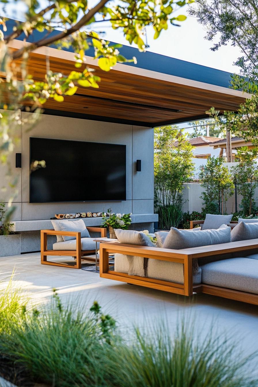modern house yard seating area with large TV