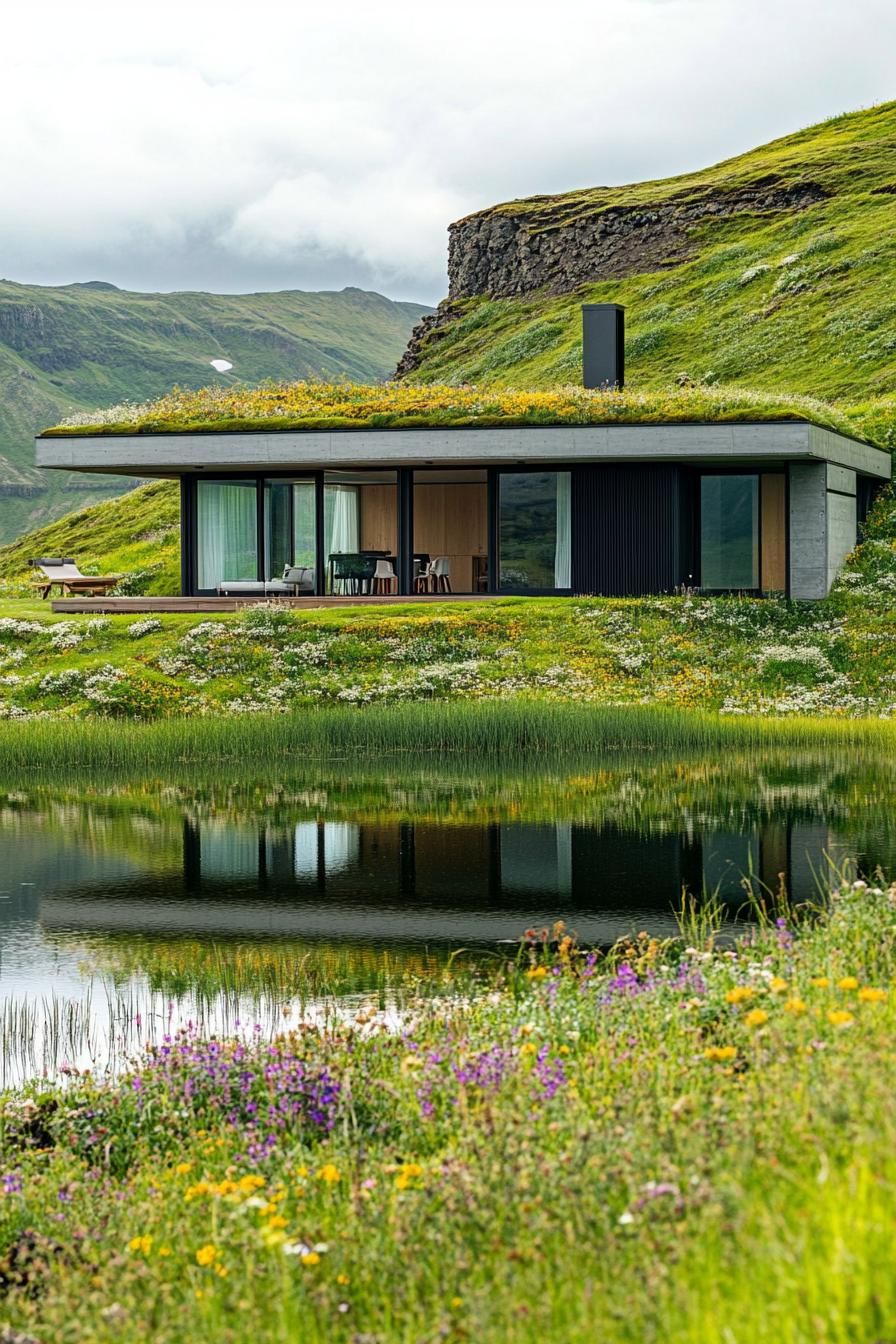 modern house with green roof with wildflowers on a hill overlooking a green lake 2