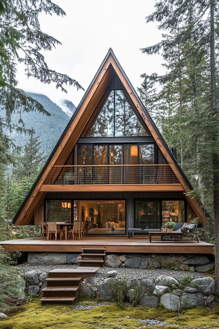 modern forest a frame dar stained wood cabin with full glass wall and balcony with wooden railings front deck with wooden furniture natural stone 2